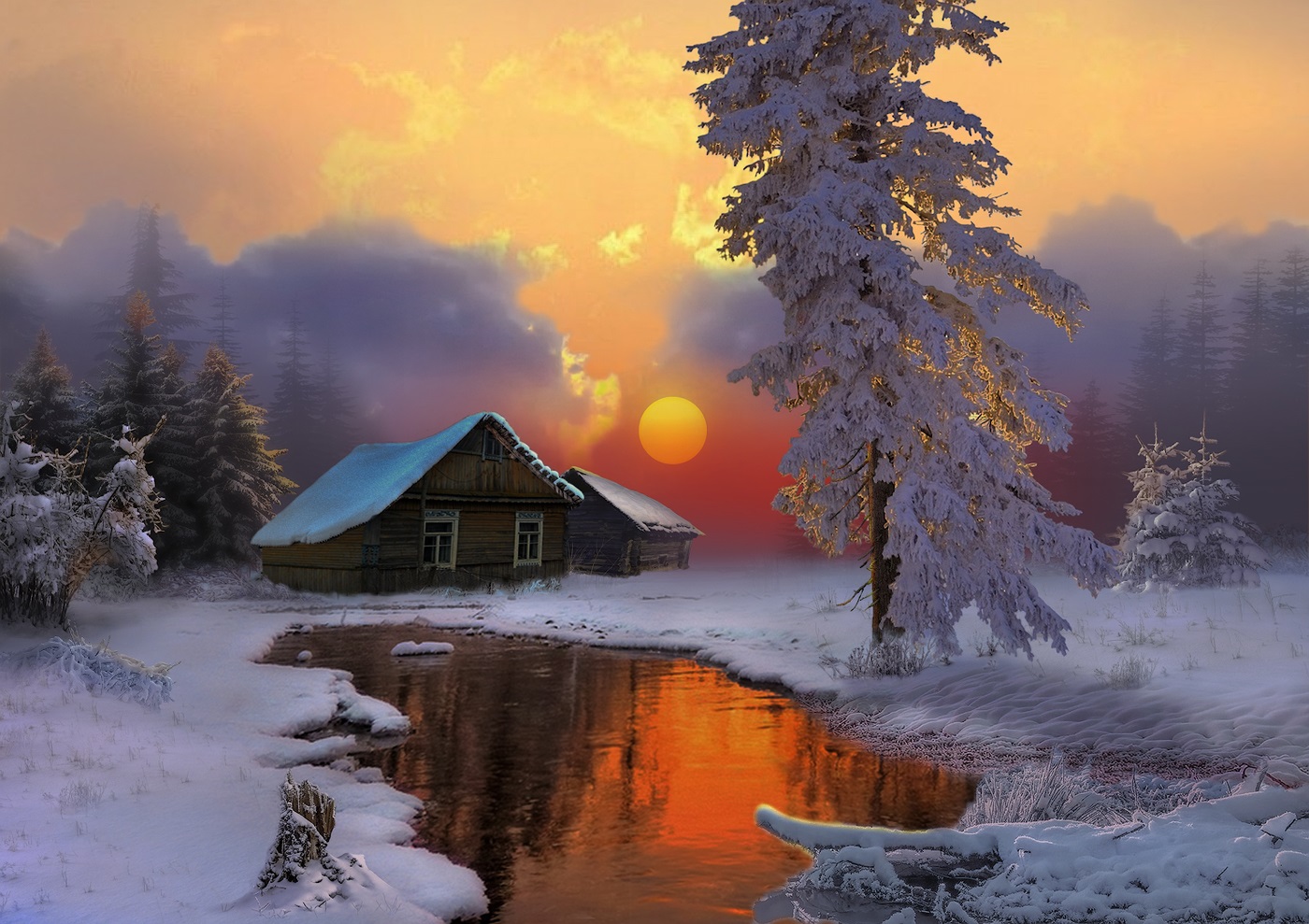 ლამაზი sunset ფოტო ზამთარში