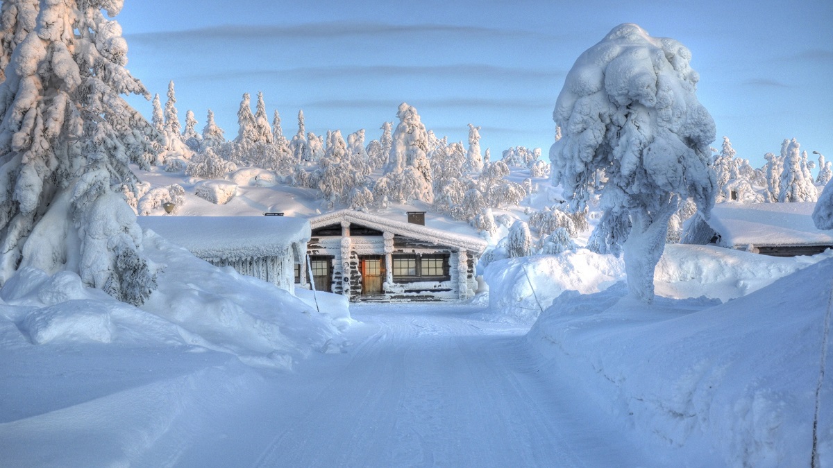 Et lille hus i de snedækkede skove