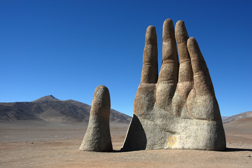 Giant hand "Mano de Desierto" in the Atacama Desert, Chile