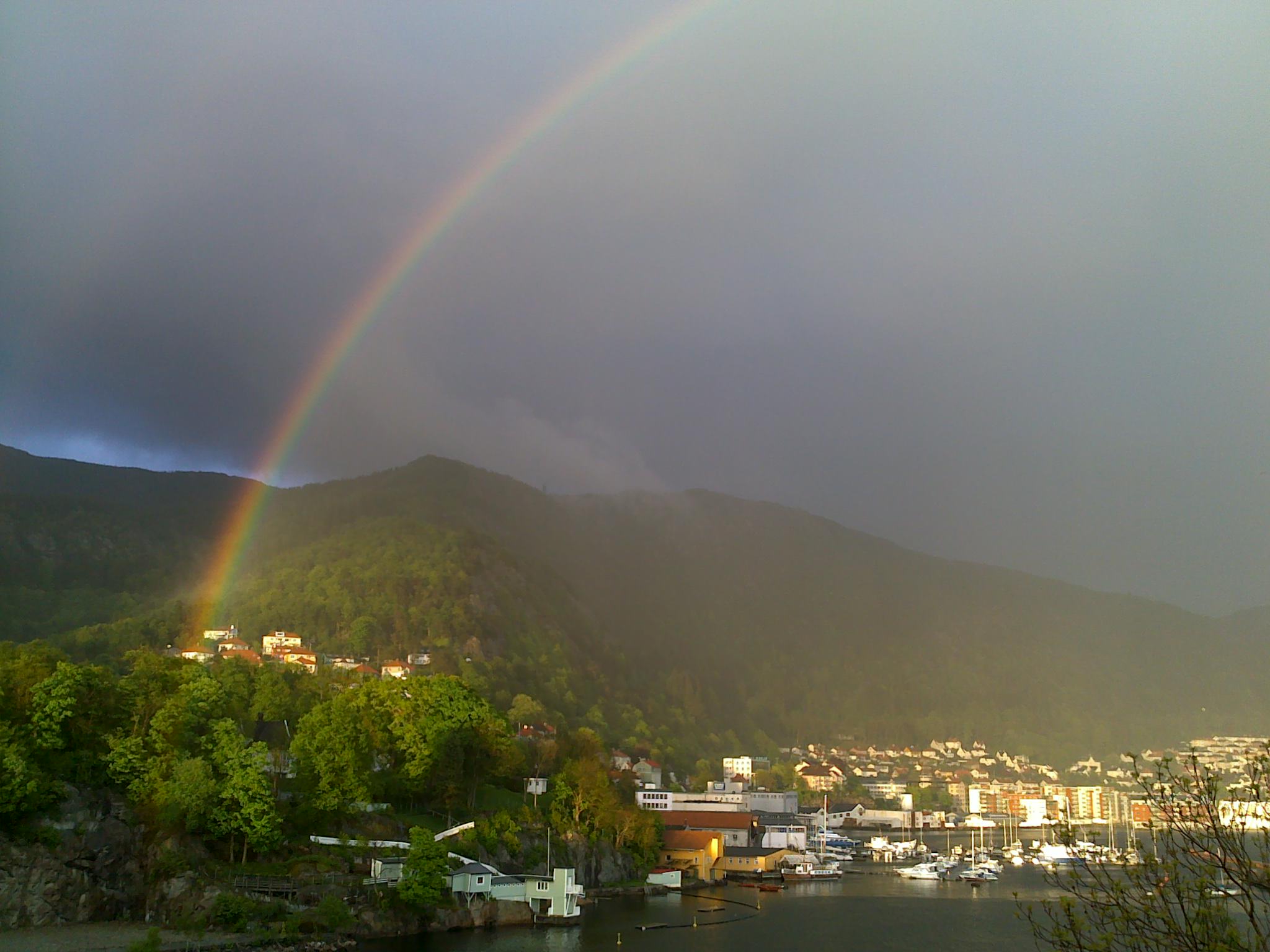 Rainbow over the town by the lake in the forest