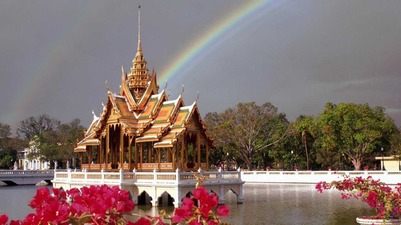 Rainbow over the pagoda. Pagoda - Buddhist, Hindu or Taoist building of a cult character