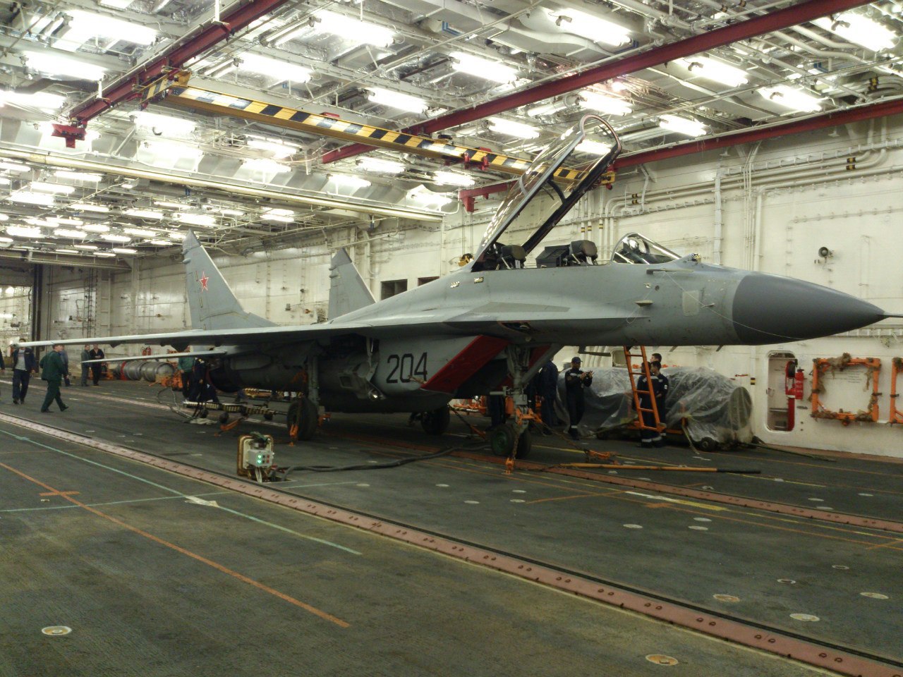 MiG-29K fighter in the internal compartment of "Admiral Kuznetsov"