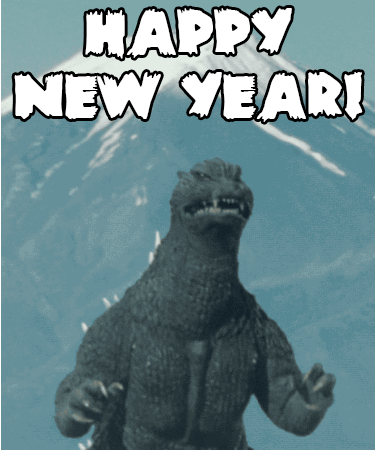 Imaginea GIF: Godzilla dorește un An Nou Fericit