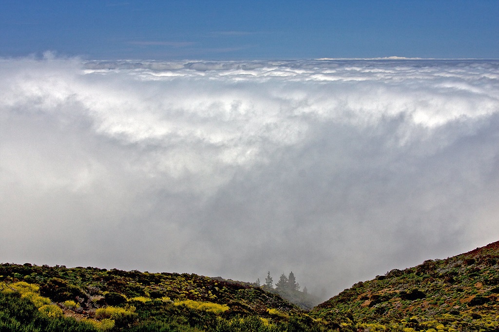 بادلوں سے باہر آتش فشاں Teide میں سفر، تصو...