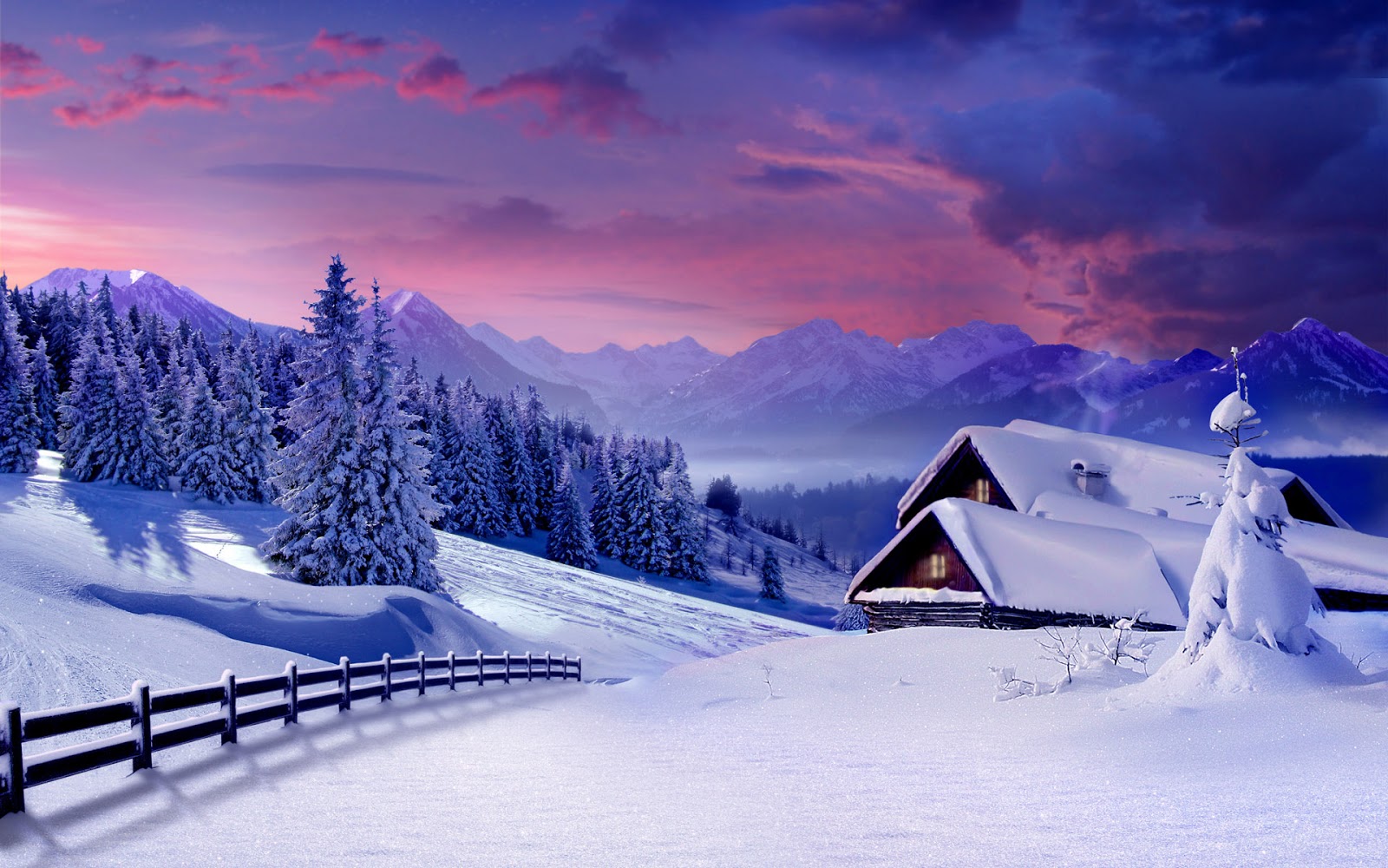 Foto's van die winter: huis in die berge