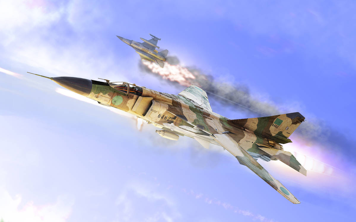 ʻO Mika: MiG-23 Libyan Air Force panaʻia i kahi F-16